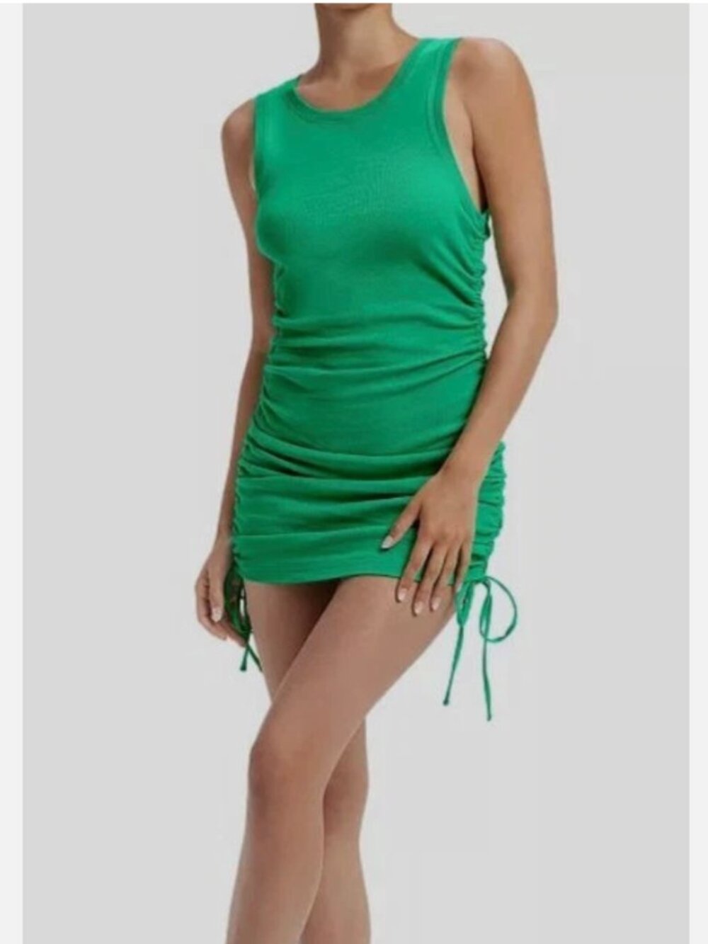 NWT Good American Green Sleeveless Side Ruched Mini Dress Size 2 100% Cotton